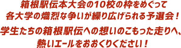 箱根駅伝本大会の10校の枠をめぐって各大学の熾烈な争いが繰り広げられる予選会！ 学生たちの箱根駅伝への想いのこもった走りへ、熱いエールをおおくりください！